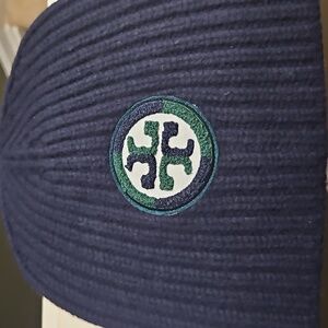Tory Burch Navy Beanie with Green Logo